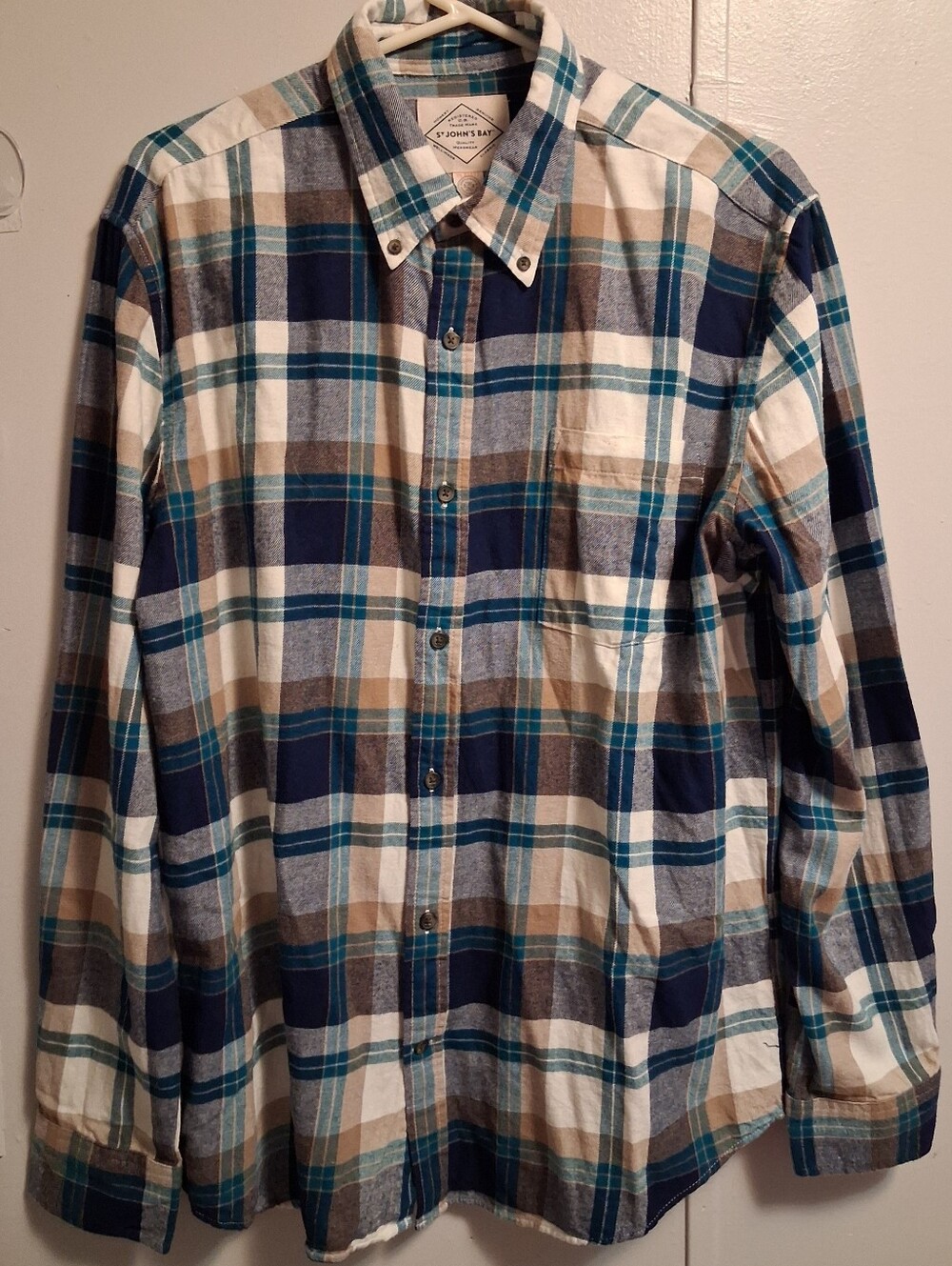 St. John's Bay Men's Plaid Button-Down Shirt - Navy, Teal & Tan